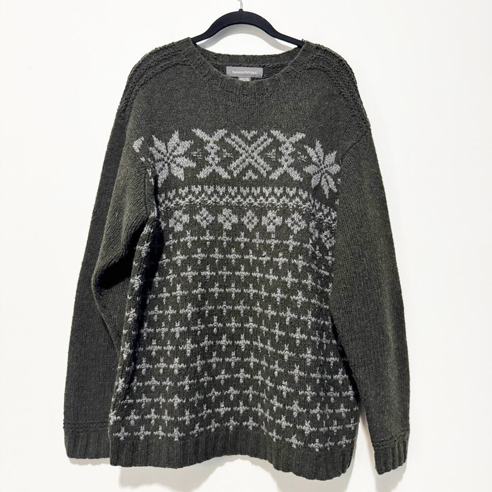 Vintage Banana Republic Wool Fair Isle Sweater L Gray Nordic Grandpacore 90s